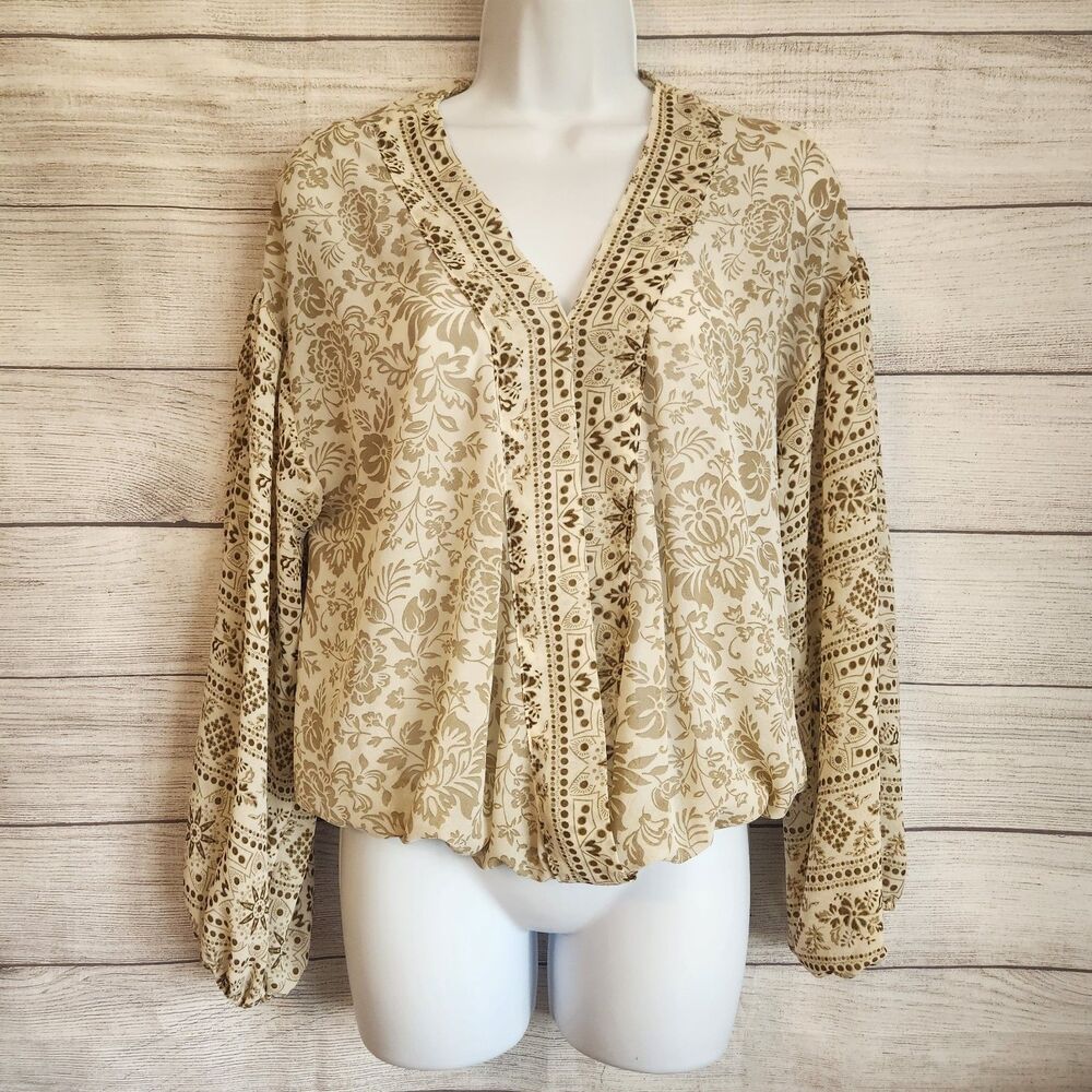 Blue Pepper XS Floral sheer boho v-neck cottagecore balloon sleeve blouse